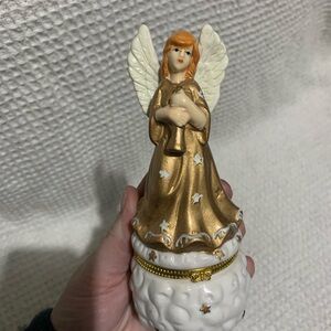 Set of 2 Ceramic Angel With Mandolin Hinged Trinket Box gold white stars Holiday
